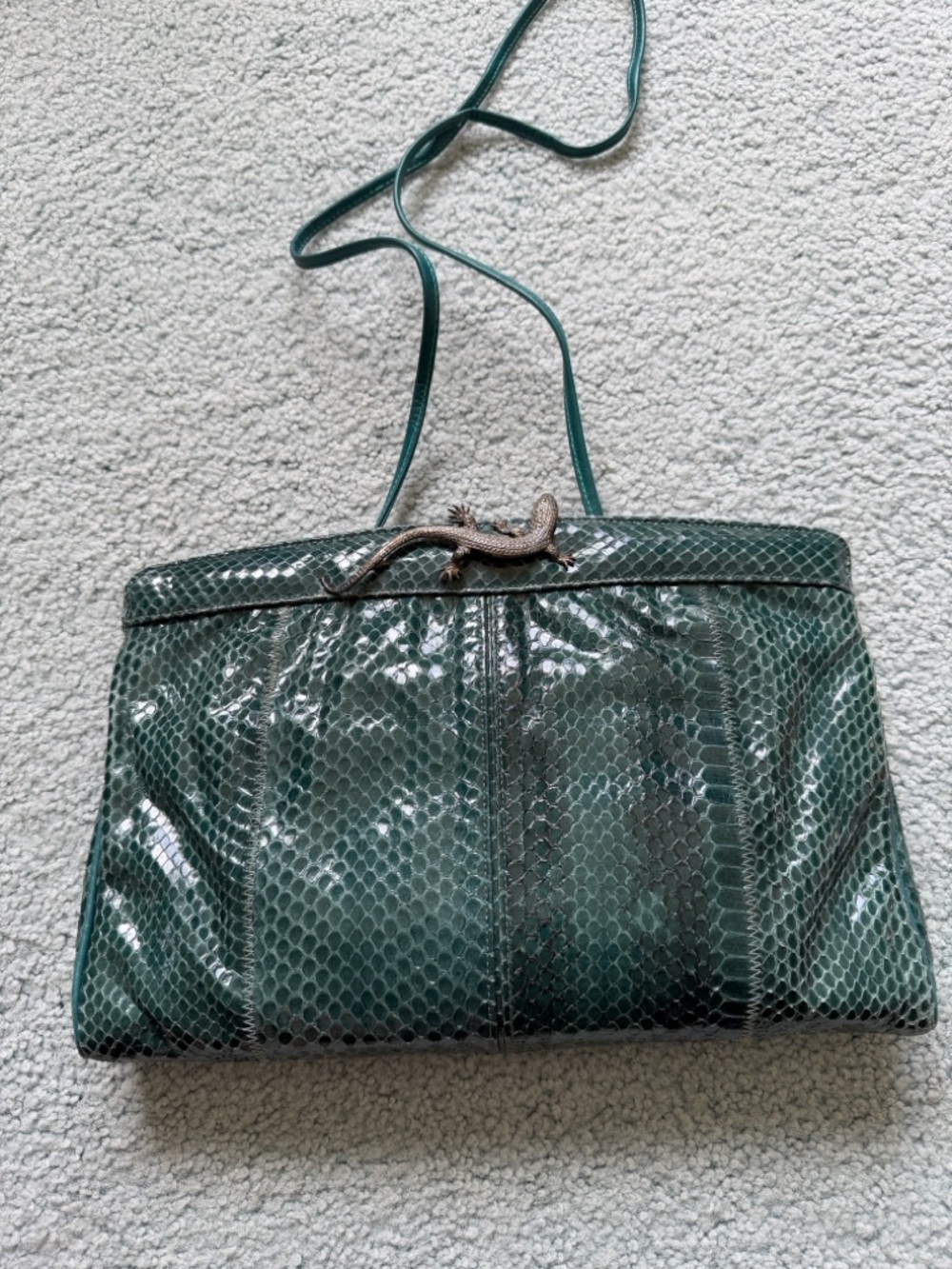 Varon Green Snake-Embossed Shoulder Bag with Lizard Accent